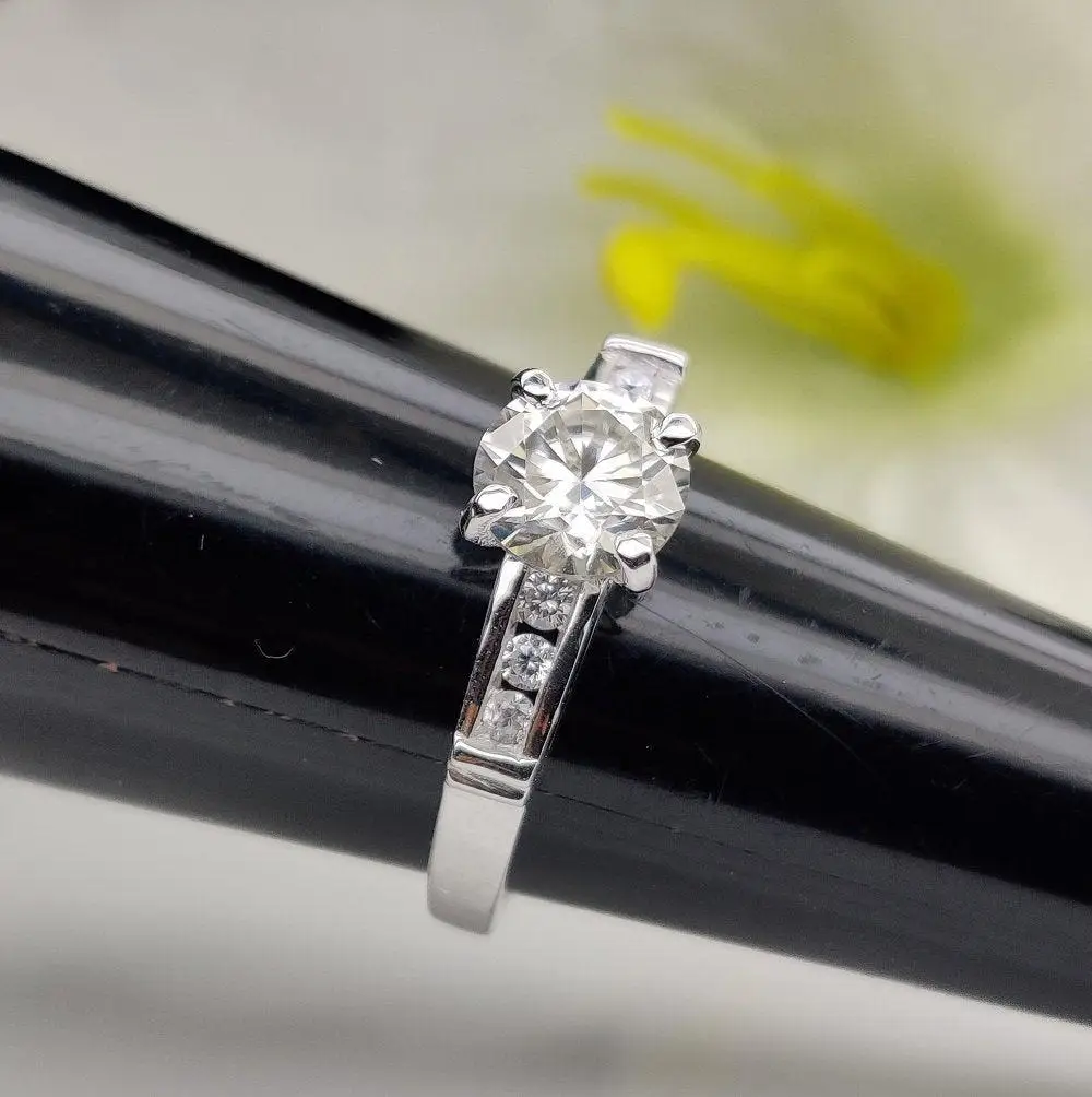 100% Genuine Round Brilliant Cut DEF Moissanite Diamond Solitaire With Accents Engagement Ring in 14k Solid White Gold By Ritzin