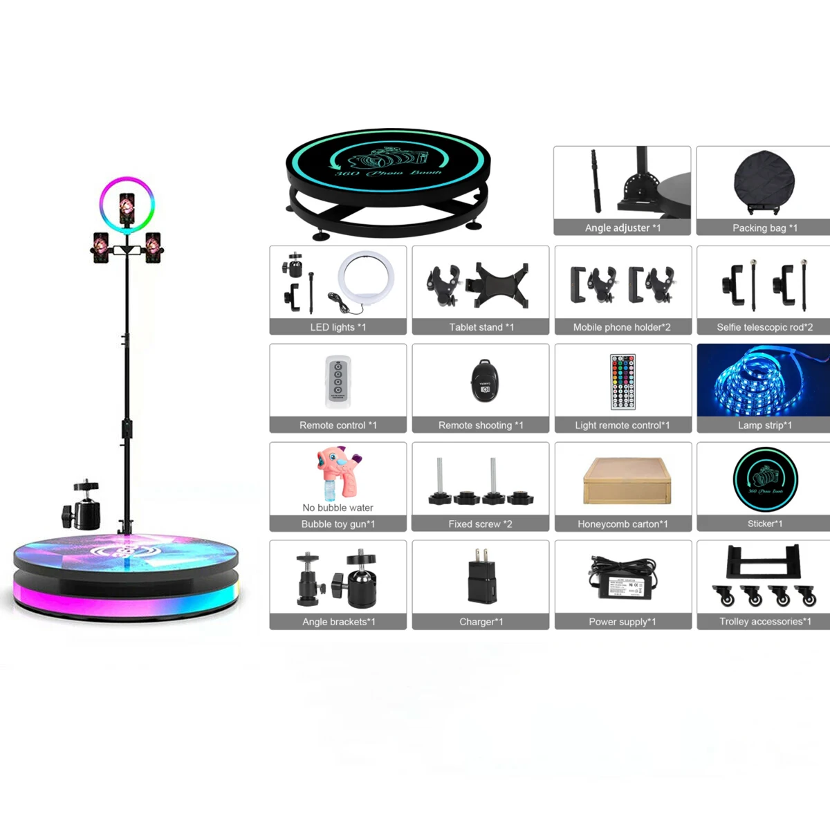 DKELSEN 360 Photo Booth Machine Automatic Slow Motion Rotating Adjustable Camera Stand 3D Selfie Platform with Ring Light