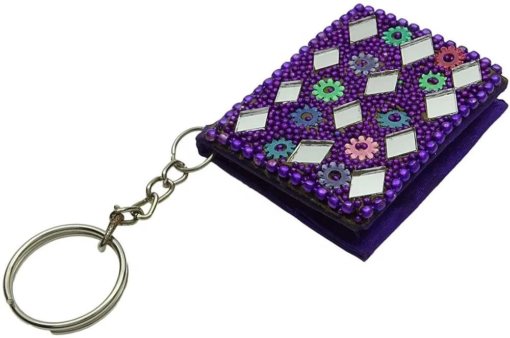 Beautiful Multipurpose Handmade Mirror Vintage Handicraft Rajasthani Lakh Work Diary Key Chain Multicolor Beads
