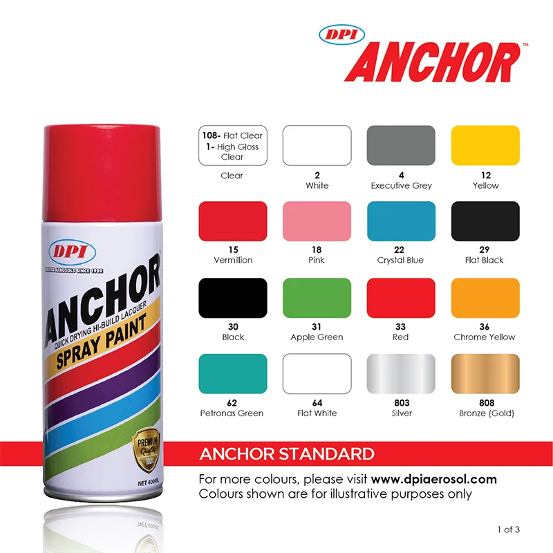 DPI Anchor Standard Colour Range Spray Paint Can be used for Car, Appliance, Boat, Furniture, Plastic Coating Art and Craft