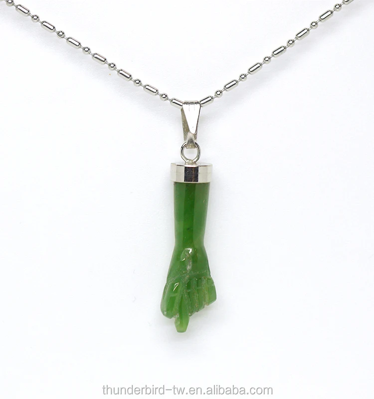 Top quality wholesale stainless jewelry fig sign finger arm pendant  Natural Green Jade Necklace