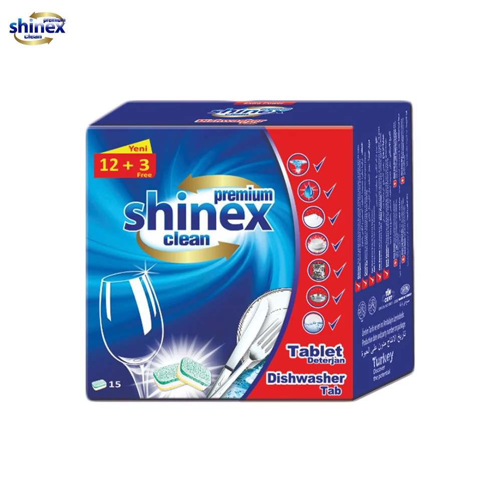 SHINEX Dishwasher Detergent Tablets 15 Tabs in Blue Caton Box made in tukrey