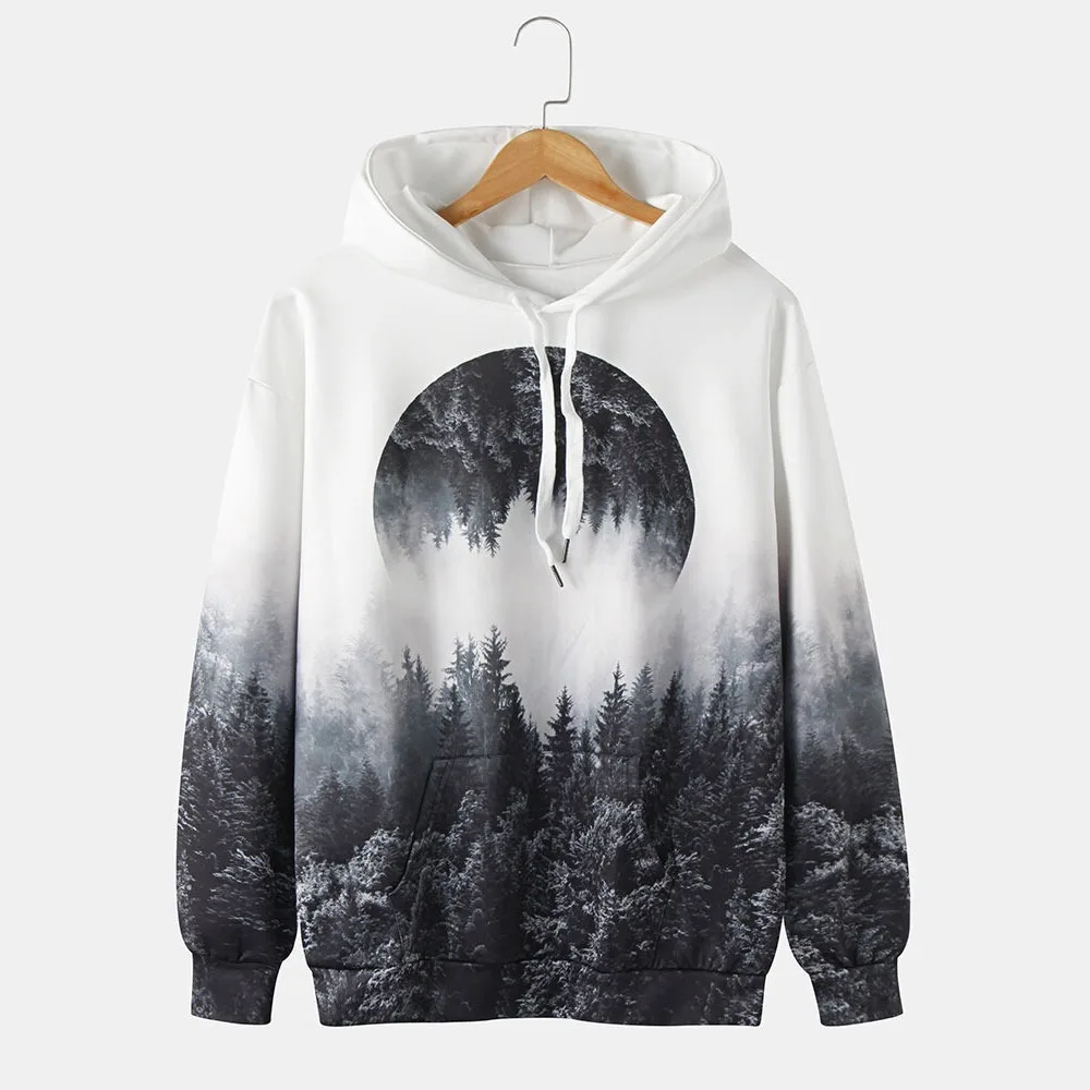Mens Forest Landscape Graphic Print Drawstring Hoodie With Kangaroo Pocket