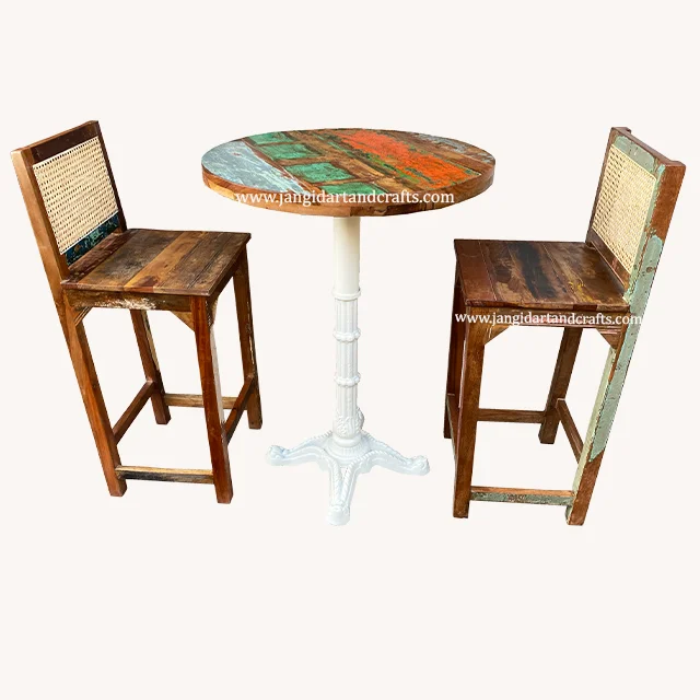 Vintage Industrial Iron Bar Table & Cane Chair Set Round Rustic Indian Solid Wood Style Restaurant Cafe Pub Table Bar Furniture