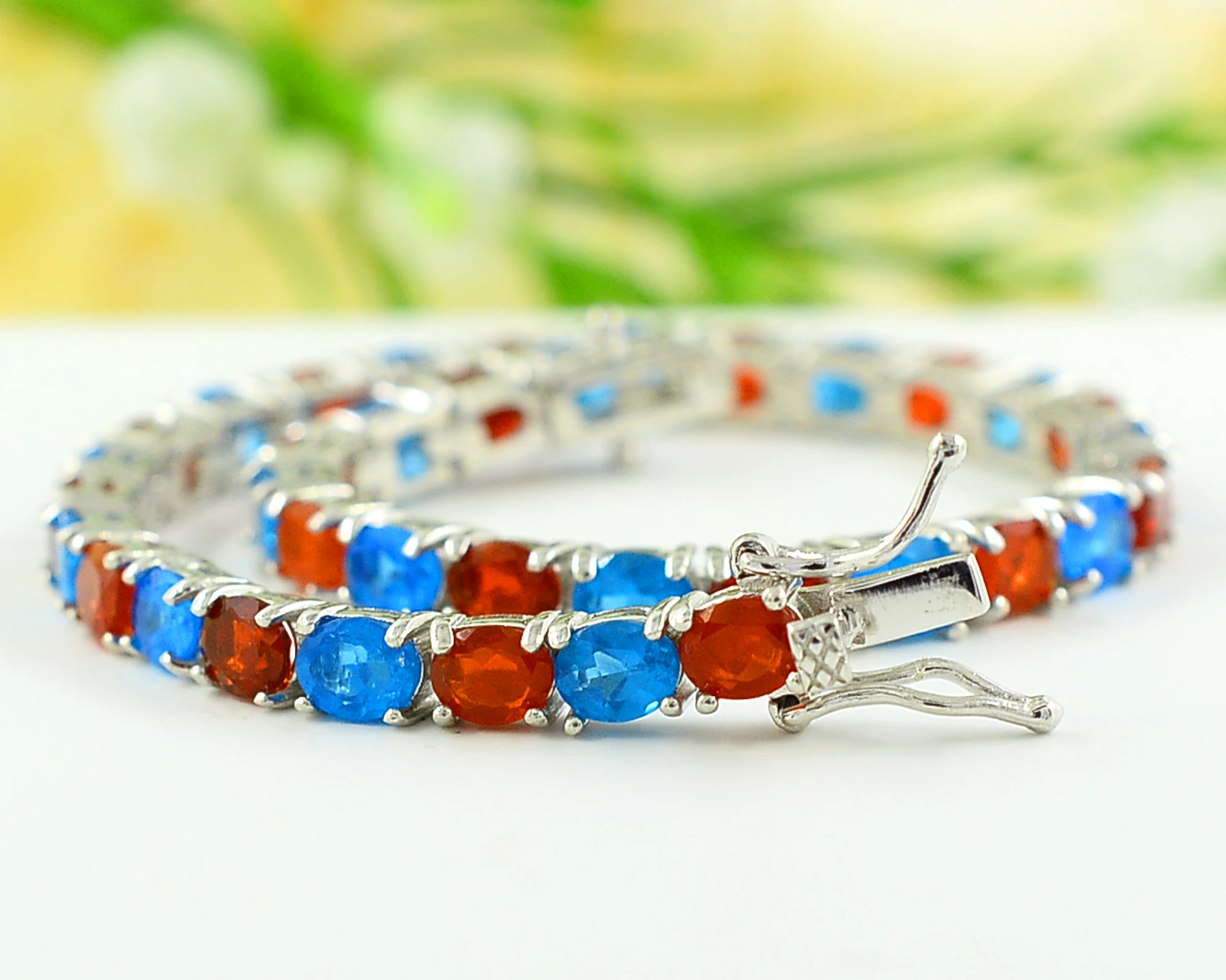 Натуральный неоновый апатит и мексиканский огненный опал 5x4 мм овальной огранки в стиле тенниса 925 твердый Серебряный браслет для женщин оптовик из Индии