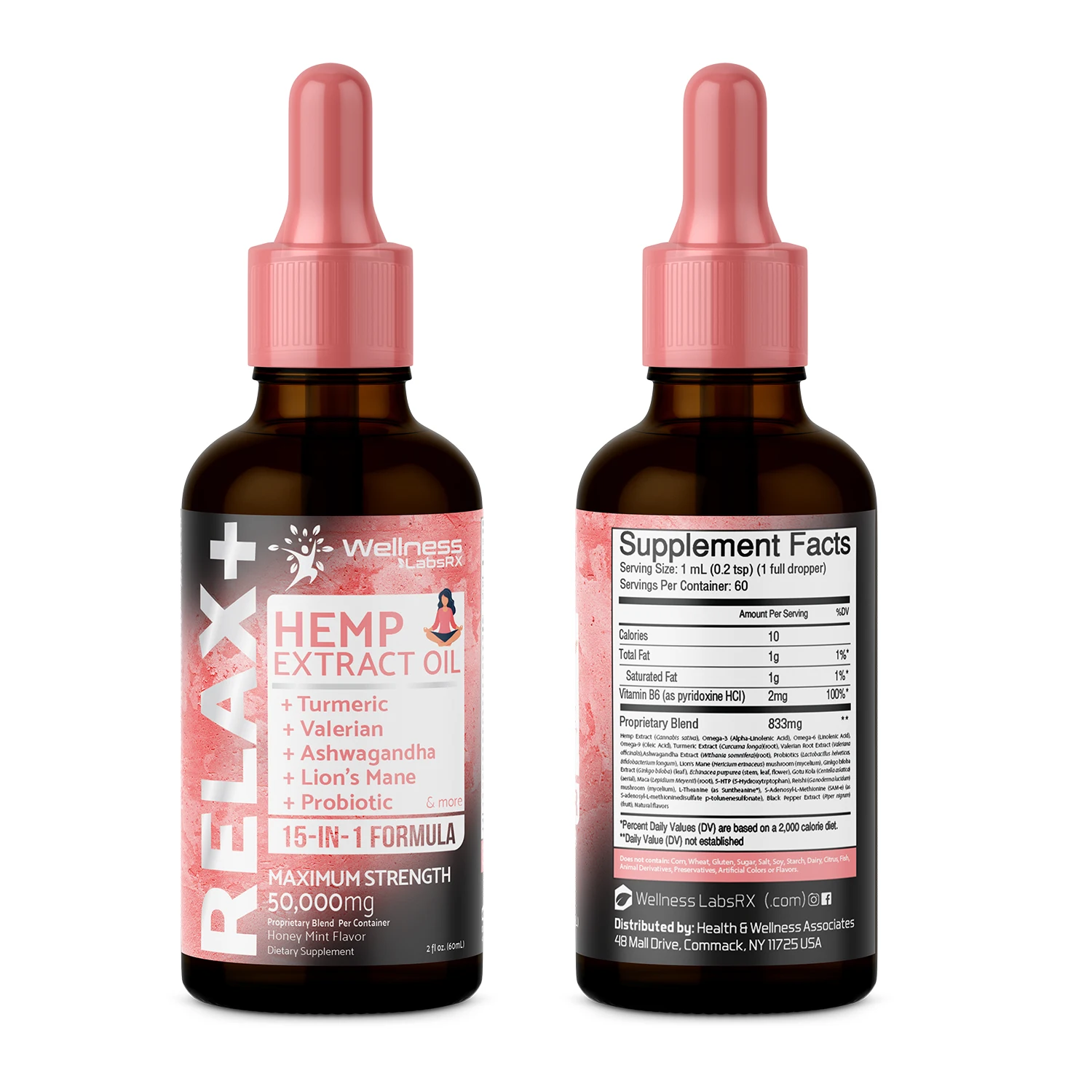 
Hemp Oil Extract Tincture Drops for Anti-Anxiety, Stress, Depression with Turmeric, Ashwagandha, Valerian, Probiotic, Lions Mane 