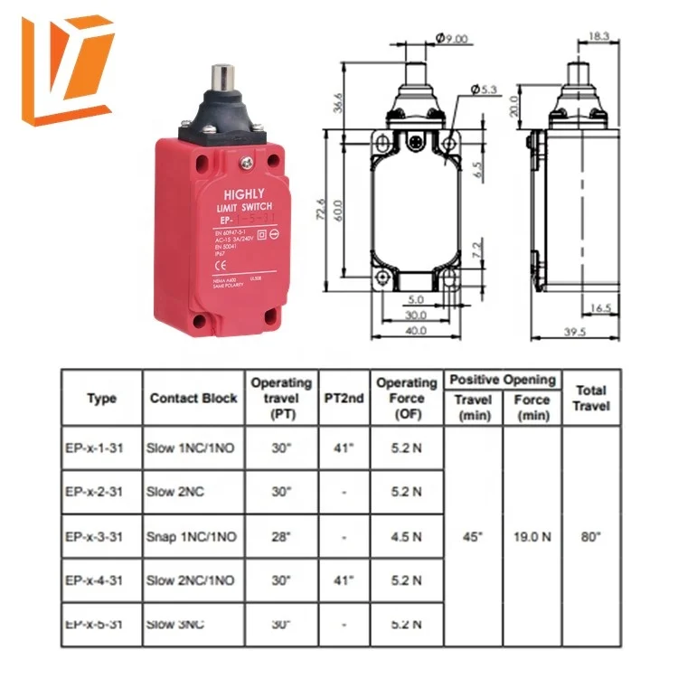 EP-1-1-31 Push plunger type industrial automation motors limit switch