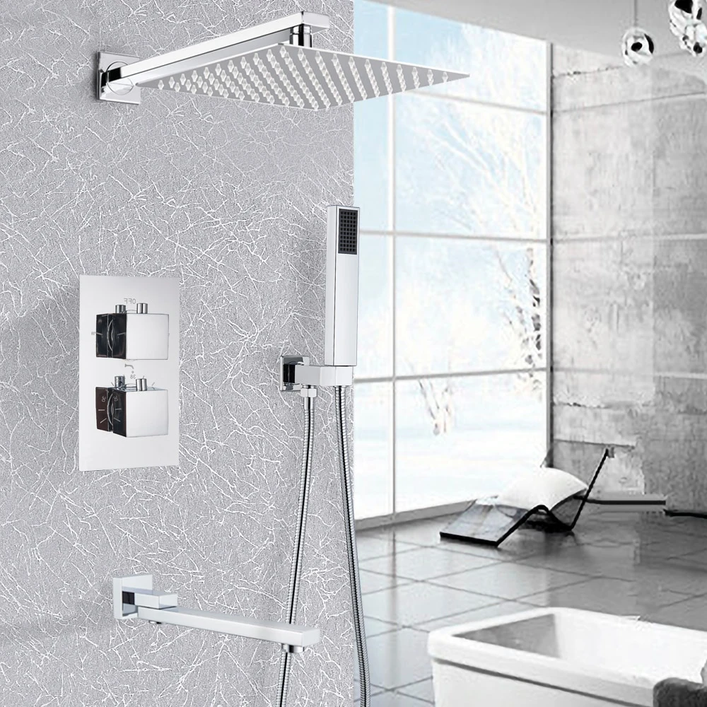 brass luxury square chrome thermostatic concealed shower system faucets set Rainfall bathroom Wall Mounted bath & shower faucets