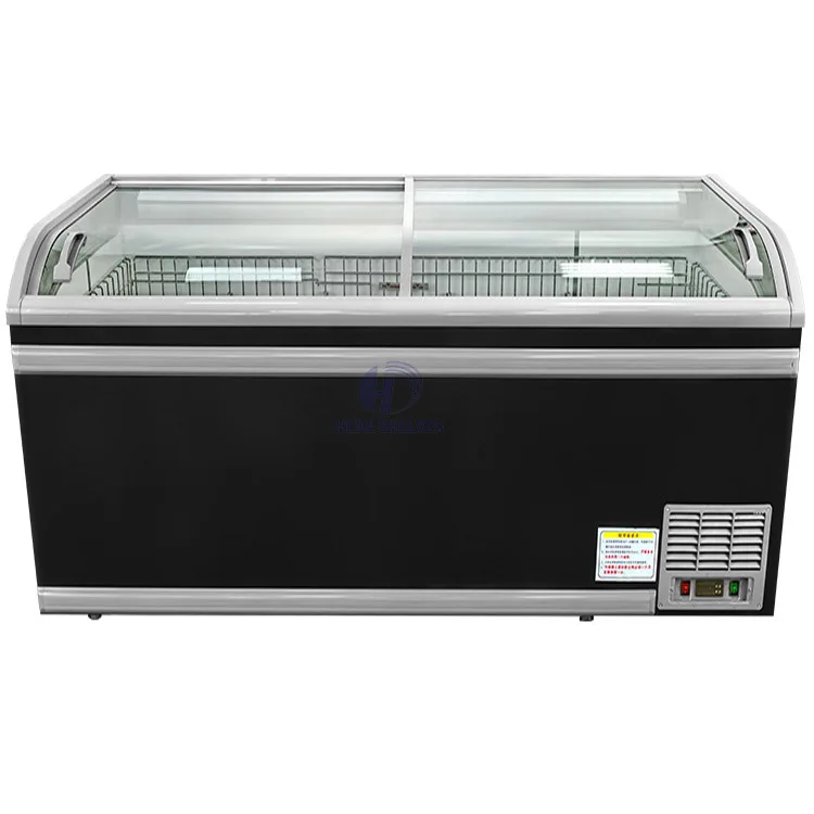 Supermarket Industrial Frizer  Refrigeration showcase Equipment Spares For Ice Cream Curved Glass Door Island Chest Freezer