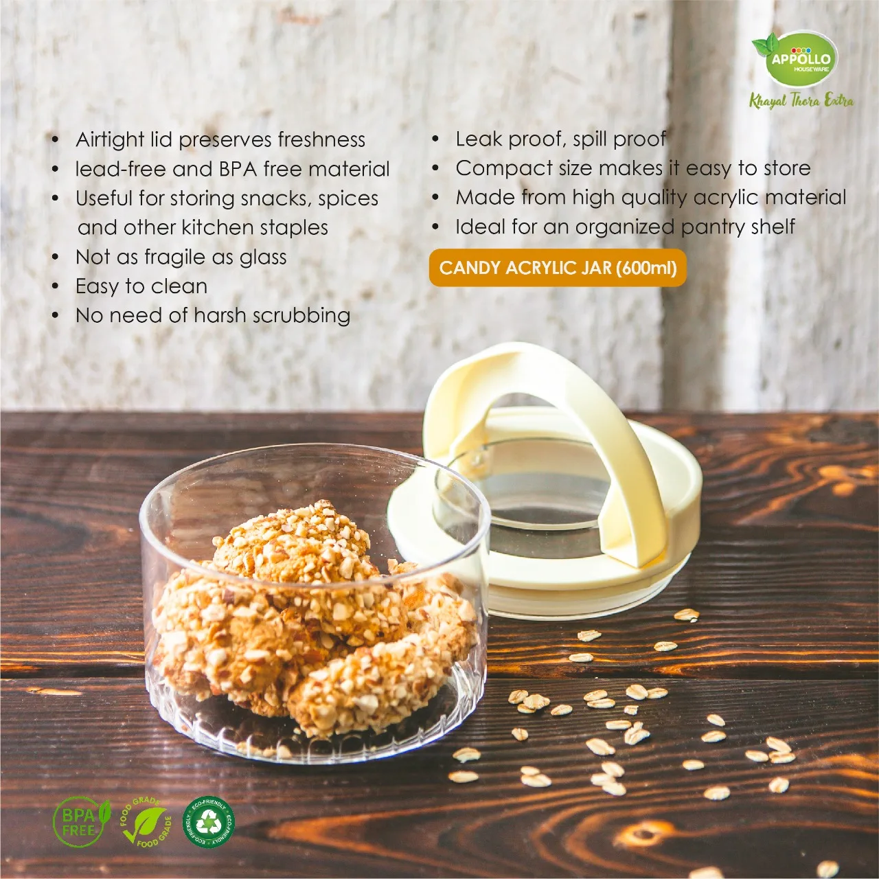 Candy Acrylic Jar Small (600 ml) Multipurpose Food Keeper Jar