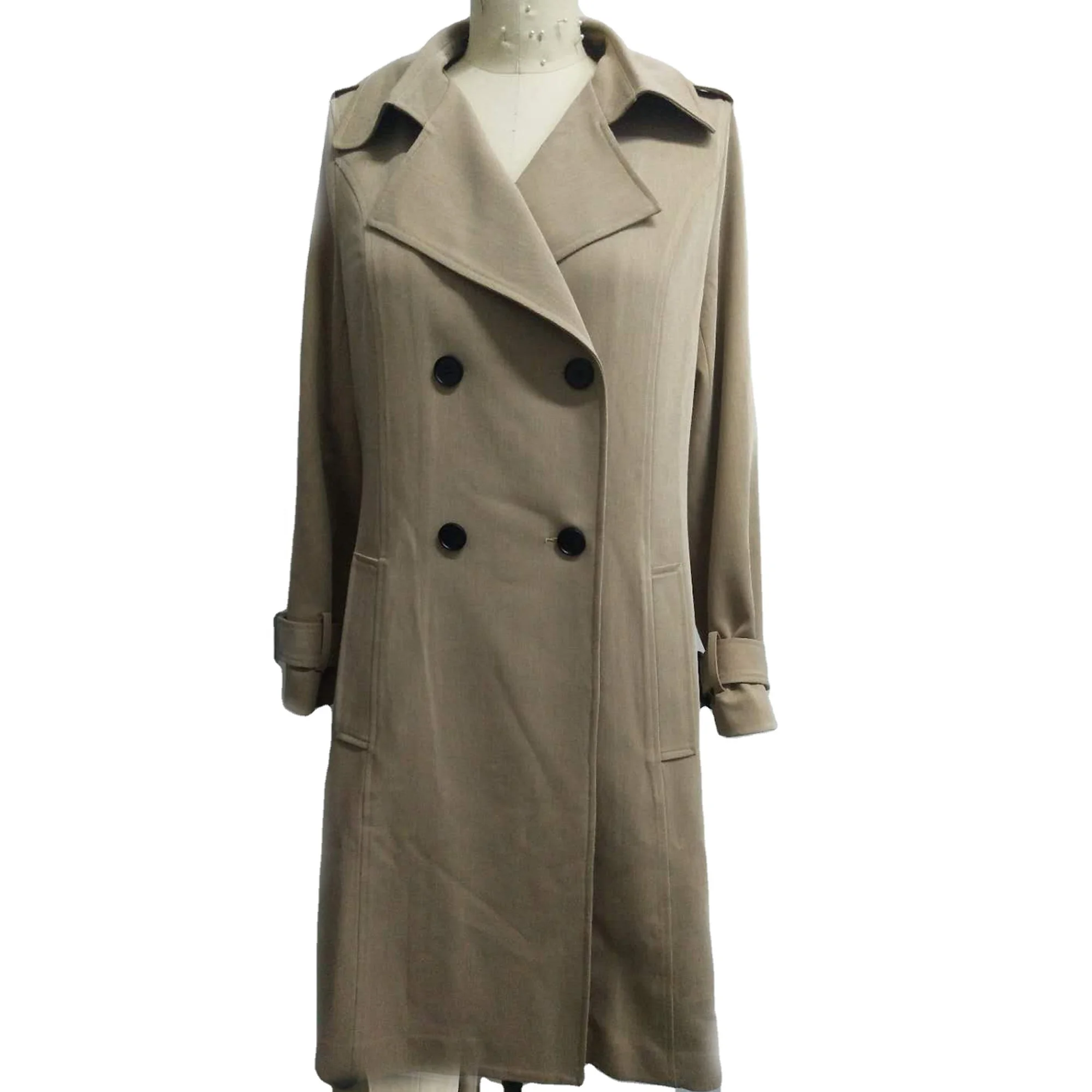 Custom Jacket Collar Double Breasted Belted Tailored Modest Coat Long Sleeve Women Trench Coats