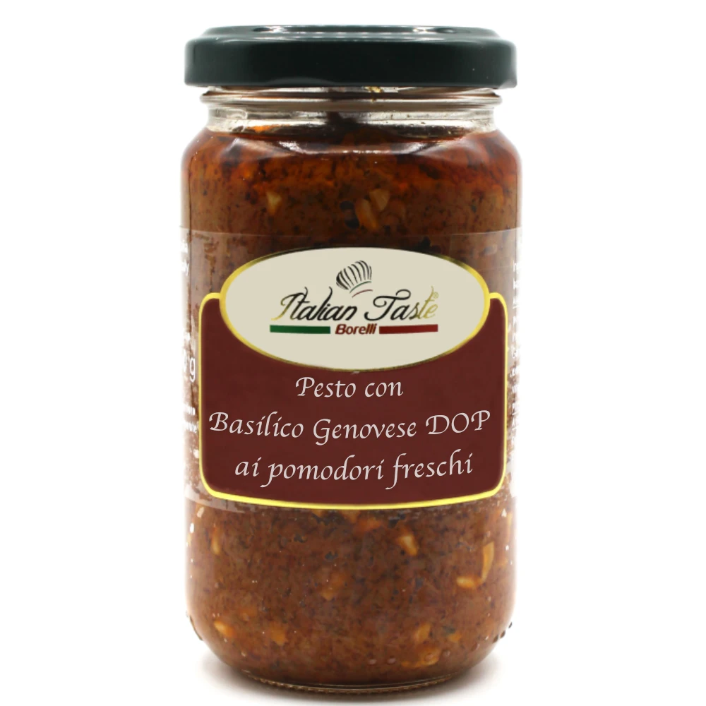 
High quality 180 g Fresh tomatoes Pesto with Genoese Basil PDO in mason jar Made in Italy NO GMO Italian pasta sauce for pasta 