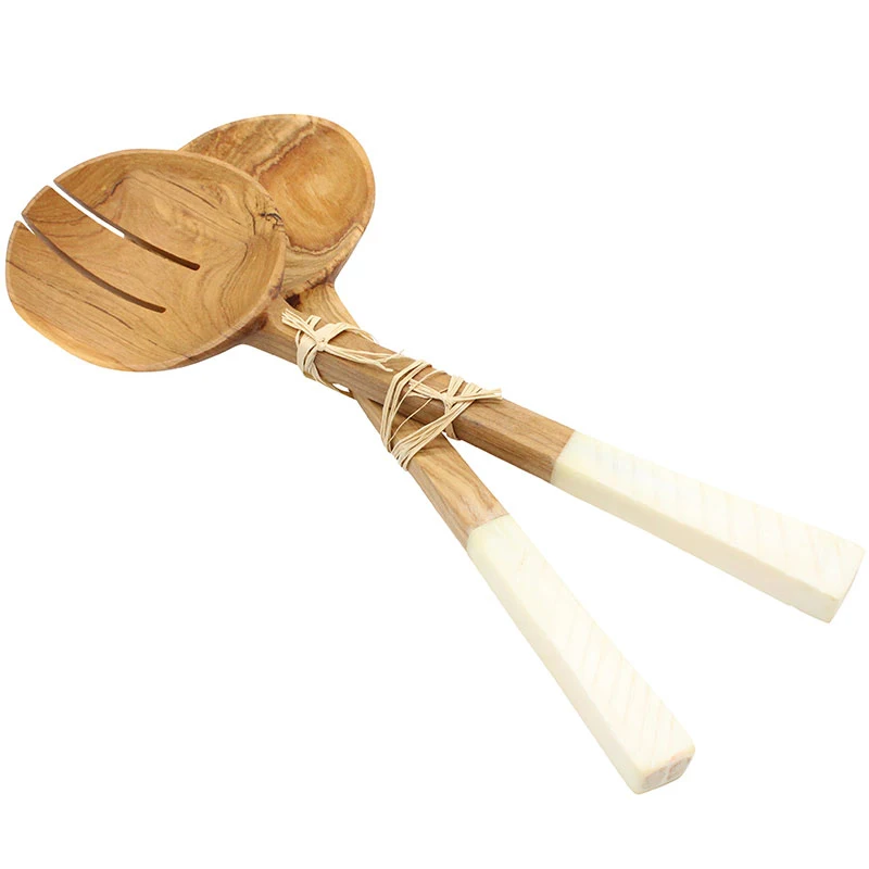 Wooden and Resin Salad Server S/2 Handmade Wooden Fruit Dessert Spoon and Fork Salad Serving Set