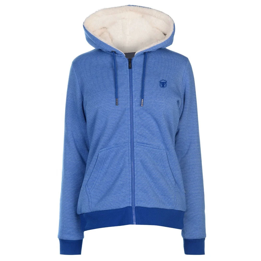 Ladies hoodie  Zipped fastening  Fleece lined body and hood  Ribbed cuffs and hem  2 front pockets  All over striped design