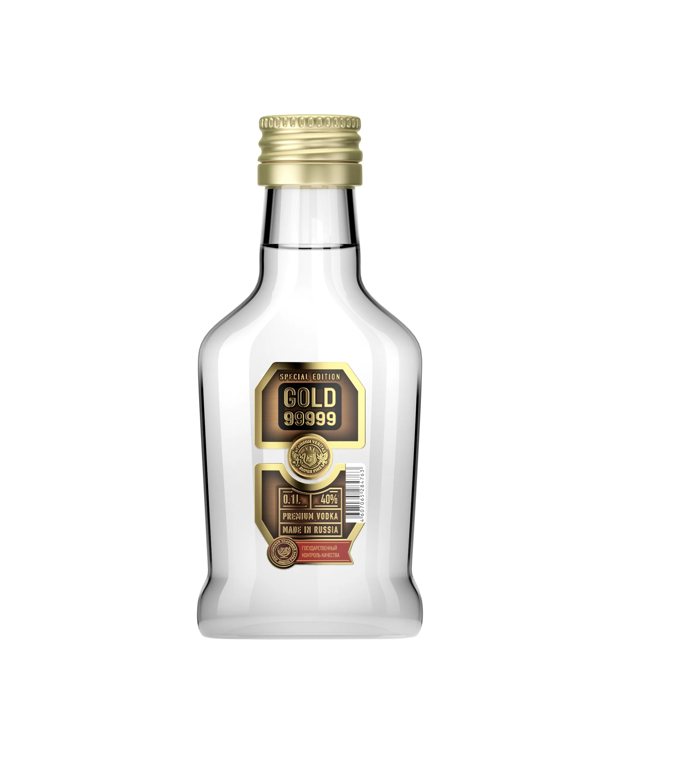Стеклянная бутылка для спирта высокой чистоты класса «Люкс» (40% alc.) Водка с золотым корнем, 100 мл, 99999 золото