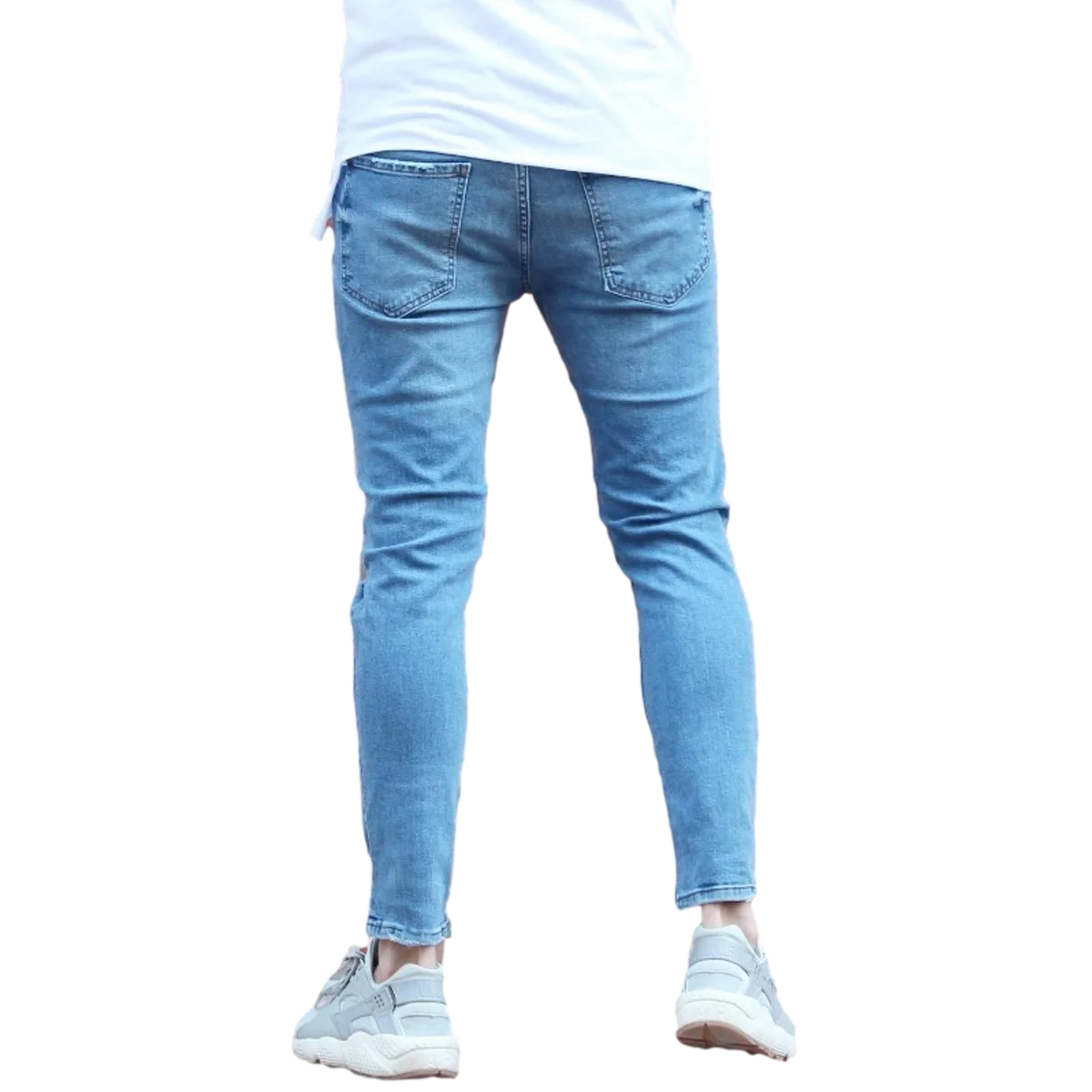 Casual 100% Cotton Men Jeans 2023 in Blue New with Knee Rips and Embroidery Straight Light Wash Mid Waist Lightweight Regular
