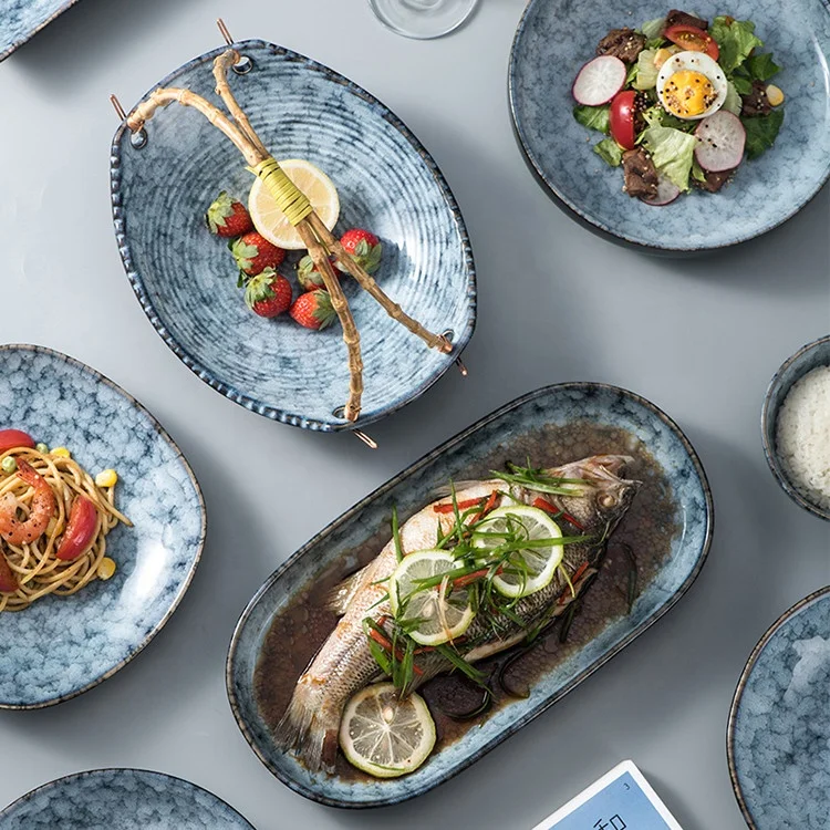 Wholesale customized blue nordic stoneware sets ceramic plates stoneware set reactive glaze plate set
