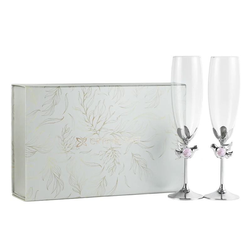 Crystocraft Couple Love Dove Birds Crystal Wedding Toasting K9 Glasses Champagne Flutes Set Gift with Brilliant Cut Crystals