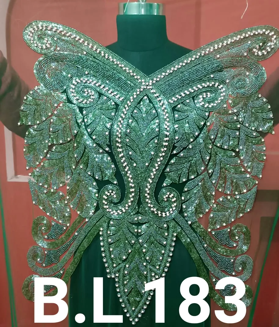 Fully Lined Button Closure Crew Neck Three-quarter Puff Sleeves Beaded Details A-line Blouse Custom Design Black Summer Cotton