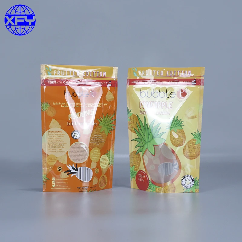 Custom printed stand up resealable ziplock plastic packaging bags with clear window for for body scrub and bath salts packing