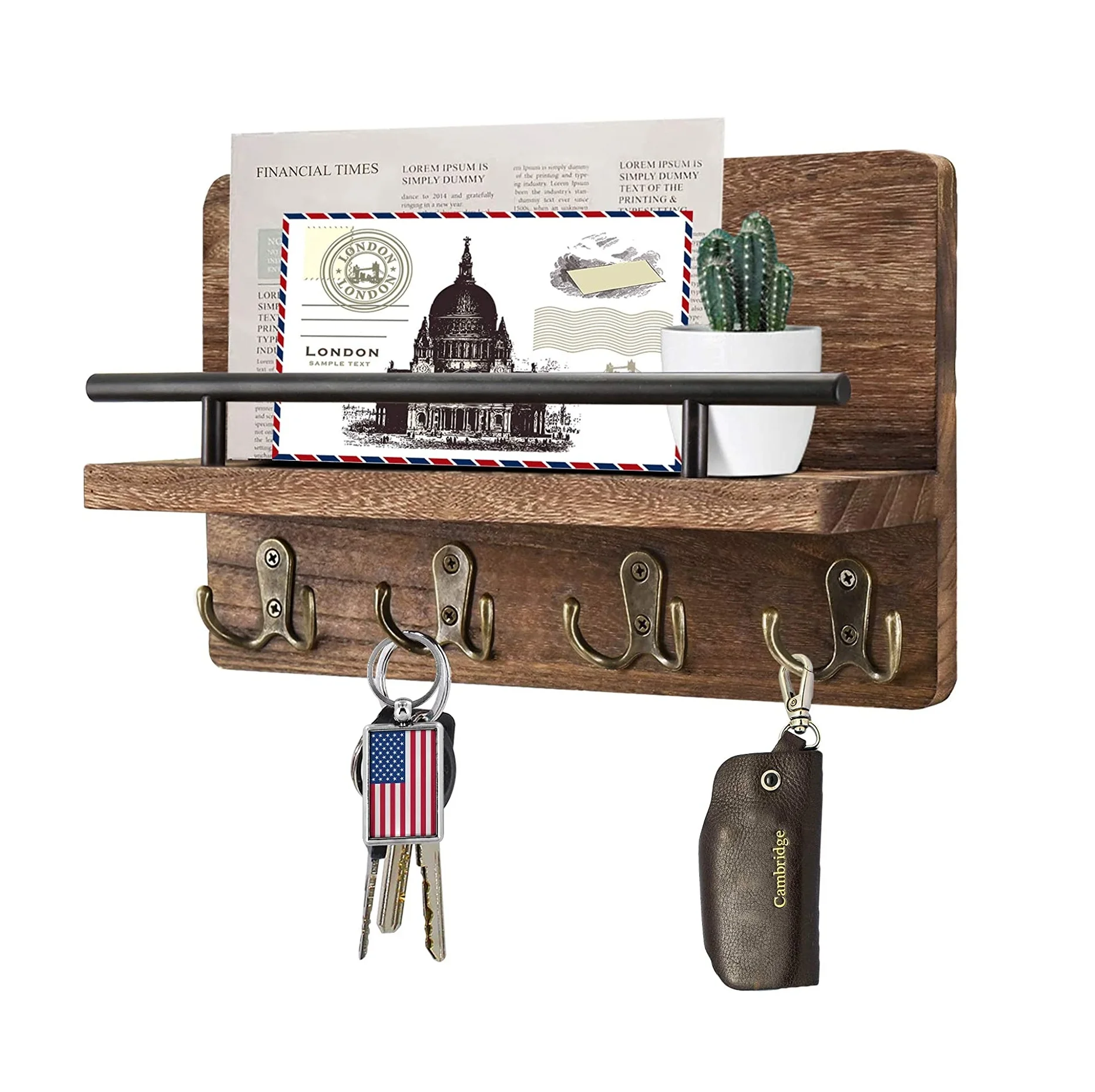 wall wooden key hooks rack wall-mounted mailbox storage holders wooden floating mail sorting shelf Mail Organizer 4 Double hooks