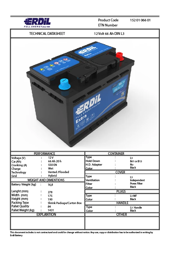 12 V 66 Ah DIN type car battery for export market by Erdil Aku Turkey