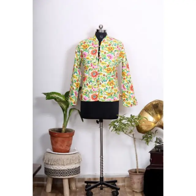 Hand Block Print Quilted Short Jacket Kimono Women Wear Button Hand Made Short Kimono pink & yellow flower print Raw Edge