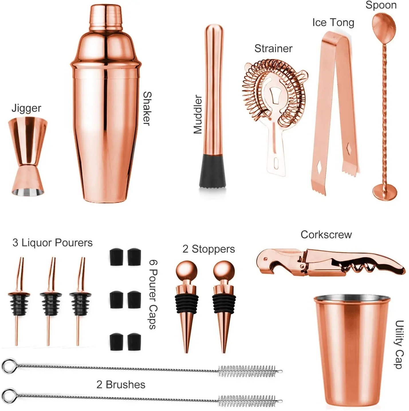 Soing Rose Copper 24Piece Cocktail Shaker Set Perfect Home Bartending Kit for Drink Mixing Stainless Steel Bar Tools With Stand