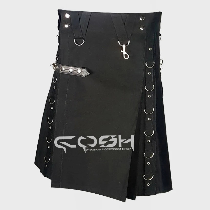 New Product Black Gothic Kilt With Leather Straps Supplier From Pakistan Hot Selling Fashion Wear Gothic Kilts