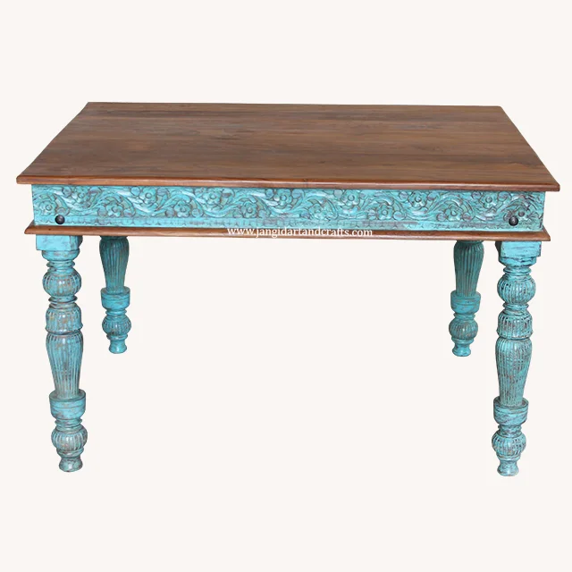 Indian Antique Unfinished Distress High Quality Luxury Teak Wooden Carved Wood Furniture Restaurant Dining Table Easy to Pack