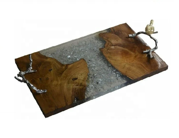 Wholesale Diy Epoxy Resin River & Pine Wood Serving Tray With Metal Handle Hotels & Restaurant by Quality Handicrafts