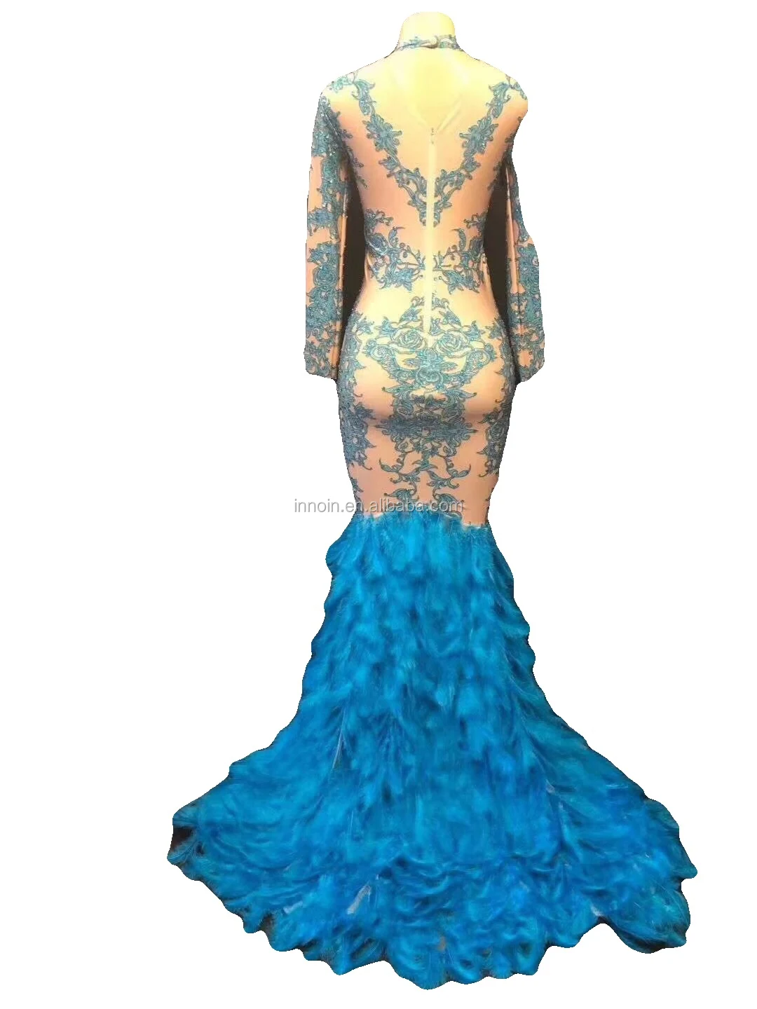 
Sparkling Sapphire blue Rhinestone Feather Trailing Dress Birthday Celebration Banquet Evening Wear Concert Ball Singer Dress 