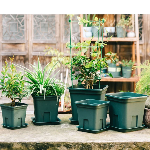 Factory Wholesale Permeable Indoor Outdoor Square Plastic Pots with Tray Green Plastic Pots for Plants Flowers