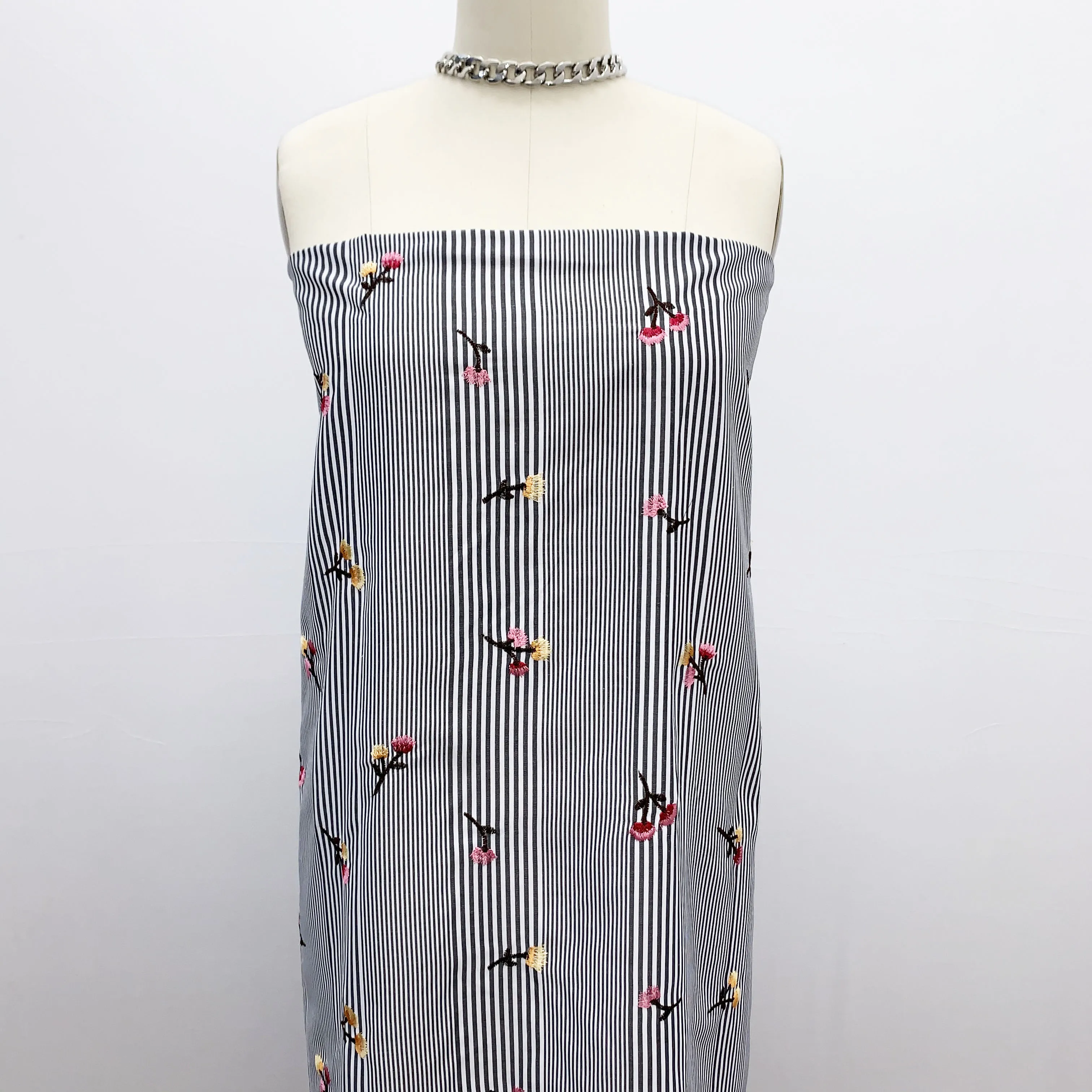 
Black Apricot Flowers Embroidery Drawstring Design on Stripes Cotton Voil Fabric Best Quality Fabric Stylish Fabric Style EB-422 