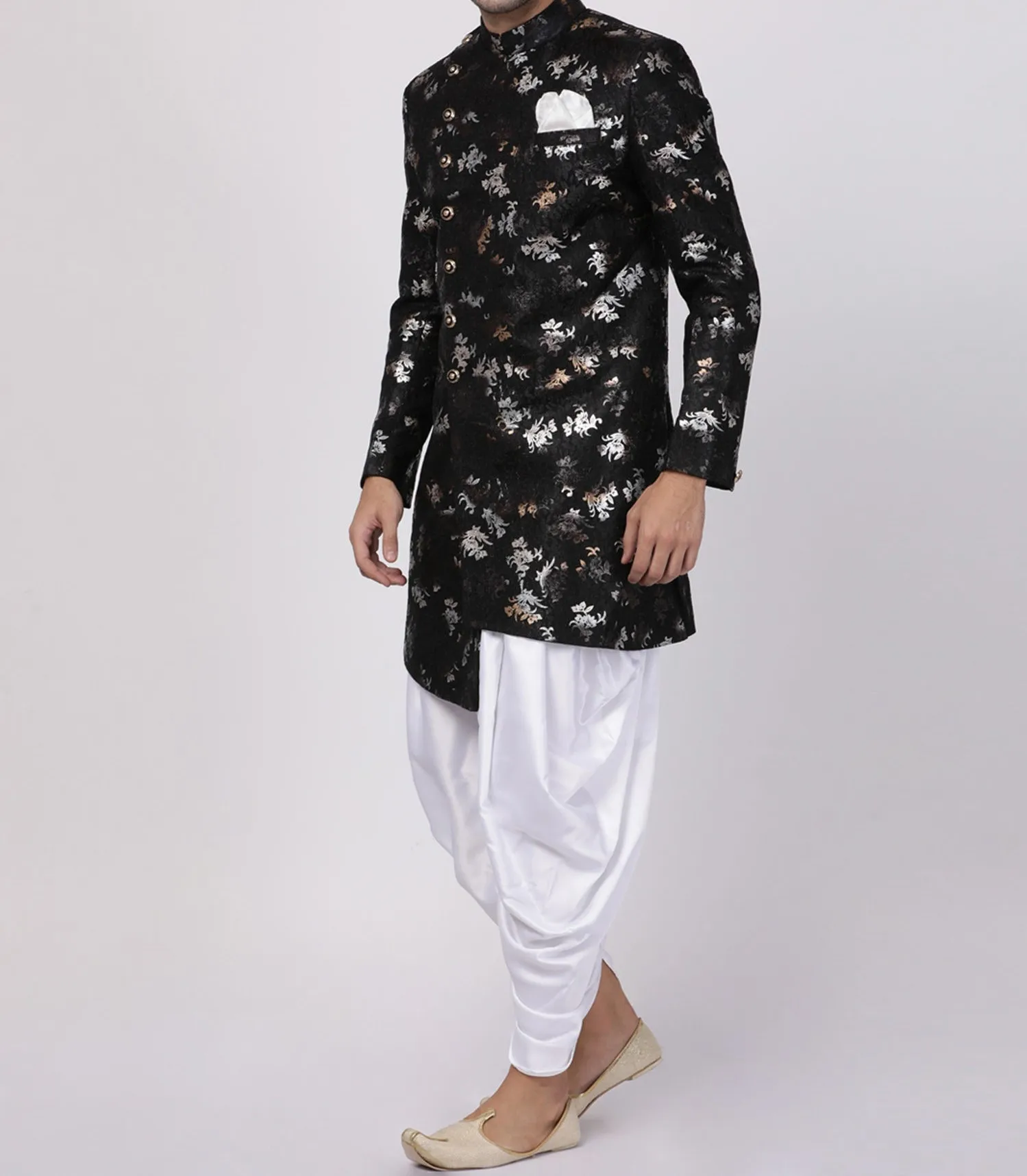 Black Silk Blend Indo Western Sherwani With Dhoti stealing limelight In festive event amazing pre-wedding function Anniversary