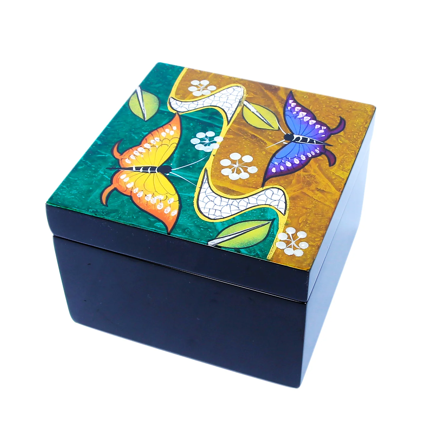
Wooden Lacquer Box Hand-painted Square Storage Box Case for Keepsakes Small Gifts 