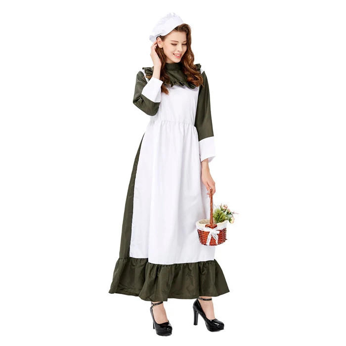 
Women Sexy Long Maid Halloween Costume French Maid Uniform Dress 