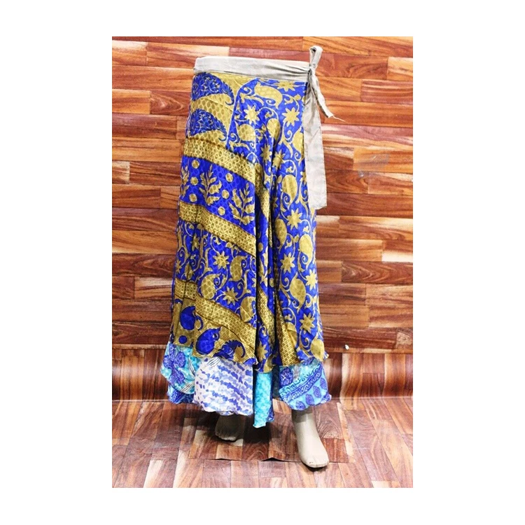 Blue Color Indian Skirt Hippy Long Beach Maxi Wrap Around Silk Sari Skirt Patterned with Elastic Waist for Girls and Women