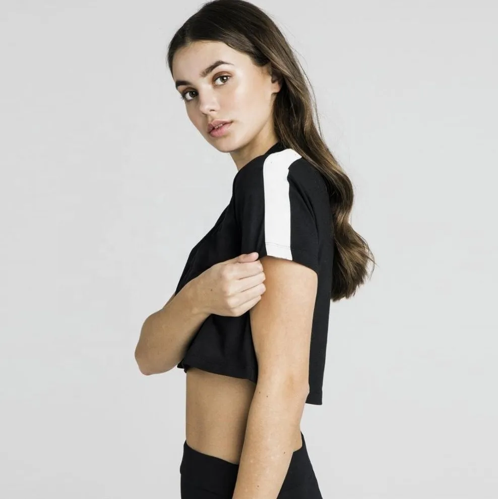  Оптовая продажа новые простые футболки женский короткий рукав сексуальный кроп-топ на заказ футболка с контрастной полосой