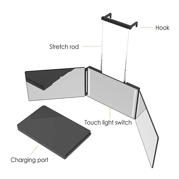 Hot sale self-cutting three-sided folding makeup mirror with lamp led three-folding mirror