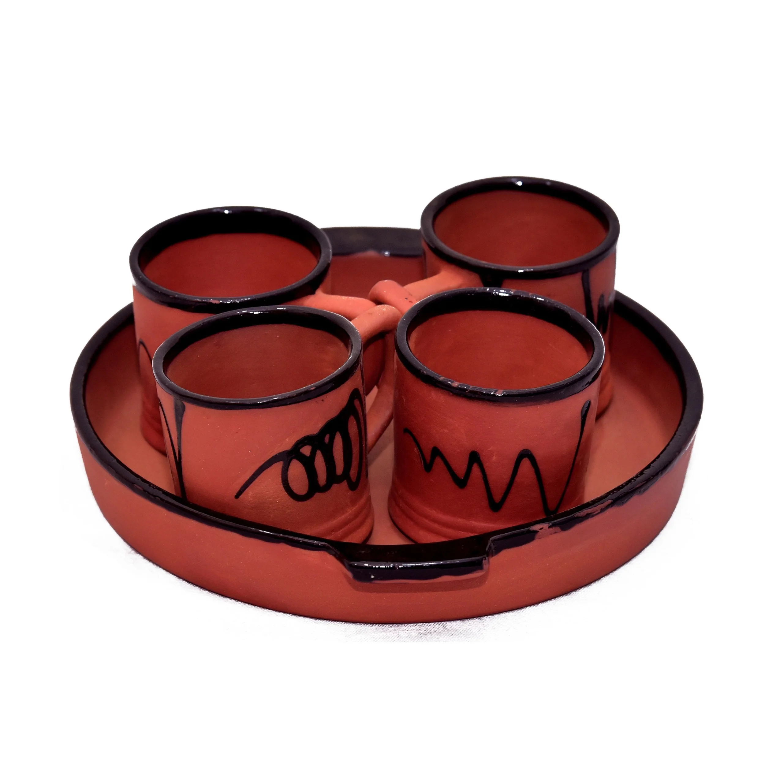 Handmade clay glazed round tray 4 cups set indian pottery cups brown terracotta pottery cups set