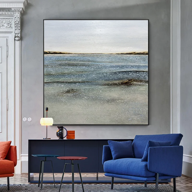 Современная Абстрактная синяя картина ручной работы белые настенные украшения на холсте для гостиной спальни 20X3 9 дюймов/50x100см