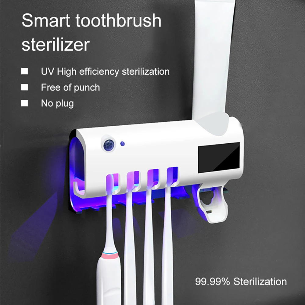 
Solar Energy UV Sterilizing Toothbrush Holder Wall Mounted & Automatic Toothpaste Dispenser Bathroom Space Saving 