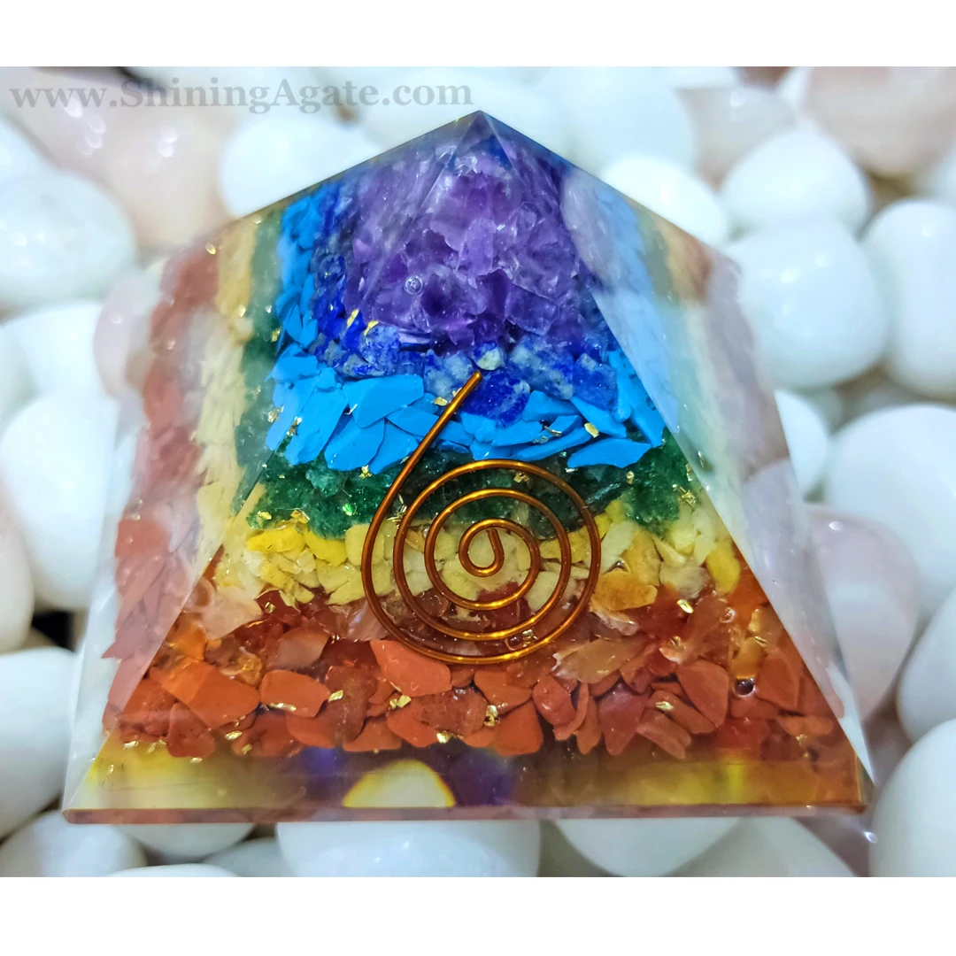 7 Chakra Orgone Pyramid with Copper Coil Reiki Healing Orgone Pyramid Natural Agate Chakra Stone Orgonite Meditation Pyramid