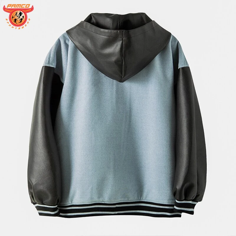 Men Hooded Baseball Jackets Detachable Hat Woolen Leather Patchwork Letter Patch Bomber Jacket Coat Casual Fashion Outwear