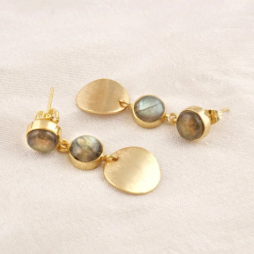 Fiery round shape labradorite gemstone drop dangle earrings brass handmade dis brushed designer earrings