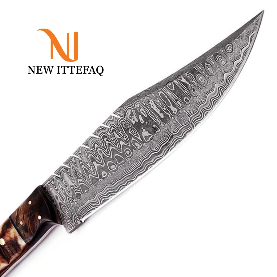 
Damascus Steel Bowie Knife 14 inches Hunting Survival Camping HANDMADE Full BUFFALO HORN Handle Free Cowhide Leather Sheath 