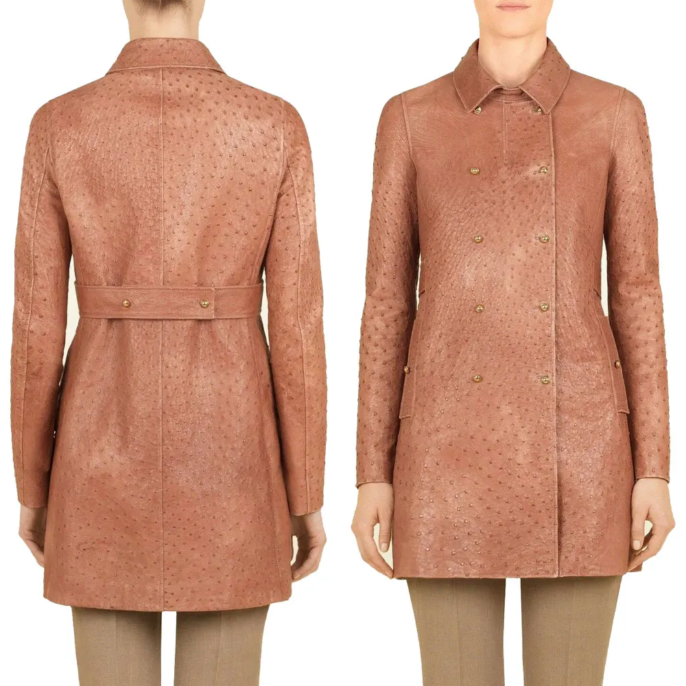 Ostrich Leather Embossed print on goat leather texture Women Luxury Golden color classic style coat ostrich Leather Jacket