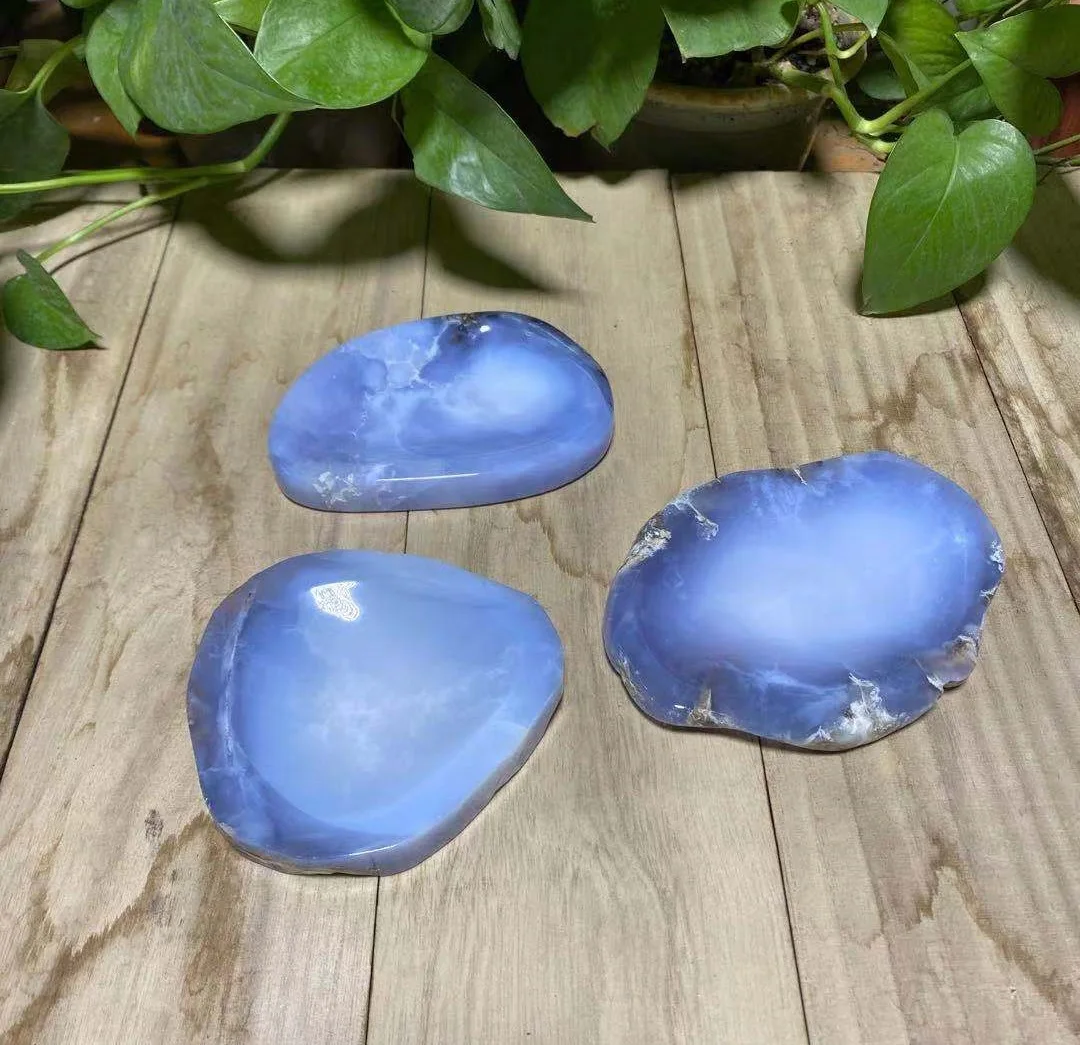 Wholesale Blue Chalcedony Tray Natural crystal gemstone blue agate jade stone bowl dish plate Salad Tray