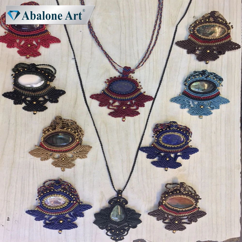  Оптовая продажа художественных поделок Abalone из Веревки Макраме ожерелье с подвеской драгоценных камней по низкой цене
